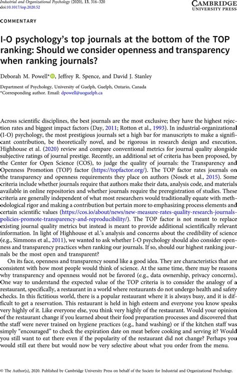 I-O psychology’s top journals at the bottom of the TOP ranking: Should ...