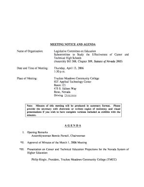 Fillable Online Leg State Nv Meeting Notice And Agenda Name Of