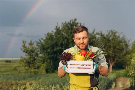 Homem Agricultor Feliz Segurando Cesta Legumes Frescos No Conceito