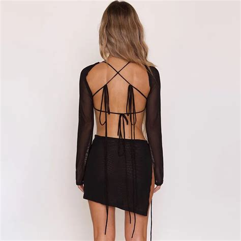 Women Sexy Black Mesh Bandage Bodycon Mini Dress Long Sleeve Lace Up