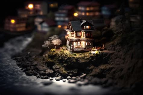 Premium Photo | Small beautiful house on the hill near the river at night