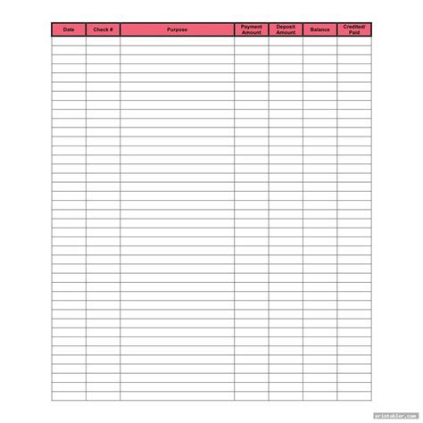 Checkbook Transaction Register Printable