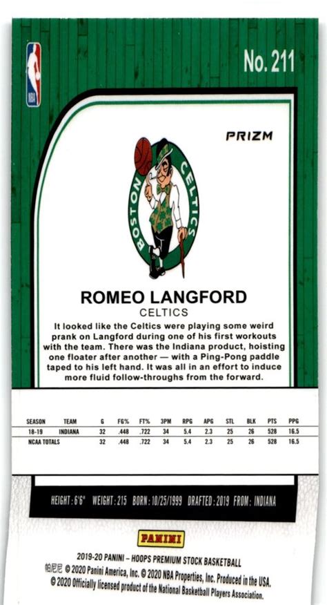 2019 20 Panini NBA Hoops Premium Stock Romeo Langford Rookie Boston