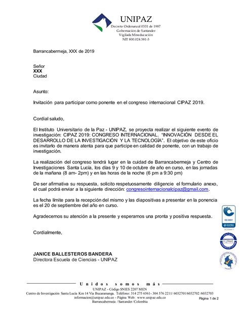 Carta Para Enviar A Ponentes Congreso Internacional Pdf