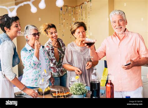 Happy Group Of Cheerful Caucasian Man And Women Mixed Ages Having Fun