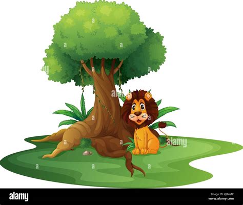 Ilustración de un león sentado bajo el árbol grande sobre un fondo