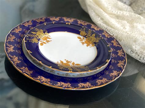 Germany Porcelain Plates Cobalt Blue Gold Roses Victorian Etsy