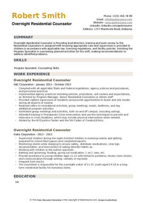 Overnight Residential Counselor Resume Samples Qwikresume