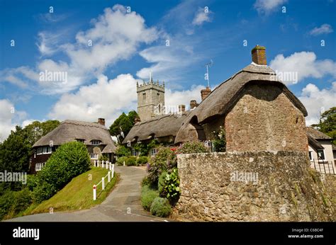 Thatched Cottages And The Church Godshill Village Isle Of Wight Stock