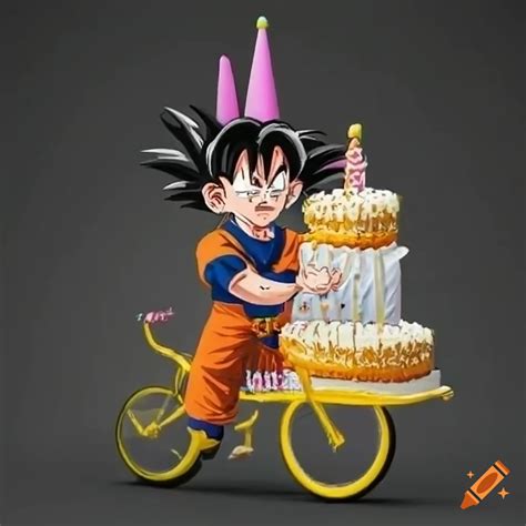 Goku Holding A Birthday Cake While Riding A Bicycle On Craiyon