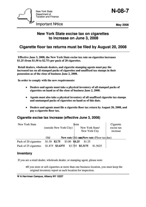 Fillable Form N 08 7 Cigarette Excise Tax Increase 2008 Printable