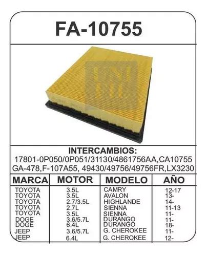 Filtro De Aire Unifl Dodge Durango 8cil 6 4lts 2018 2021 Meses Sin