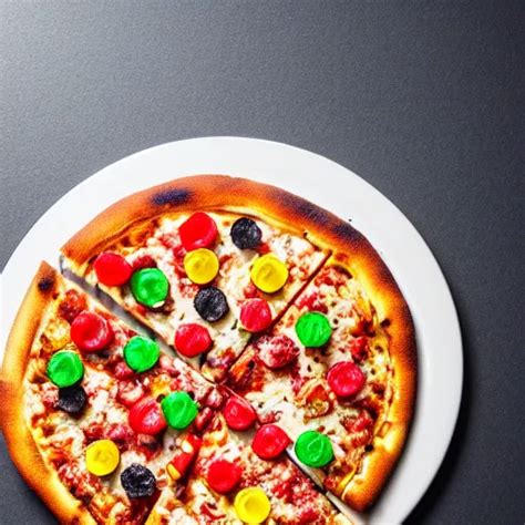 A Delicious Plate Of Pizza With Gummy Bears On Close Stable