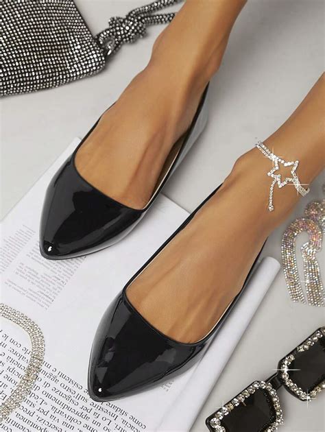 Shein Shuzia Women S Elegant Sexy Pointy Toe Patent Pu Ballet Flats