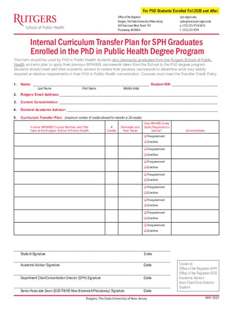 Fillable Online Sph Rutgers Internal Curriculum Transfer Plan For Sph