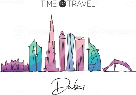 Single continuous line drawing of Dubai city skyline, United Arab ...