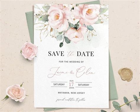 Boho Save The Date Eucalyptus Date Card Blush Floral Save The Date