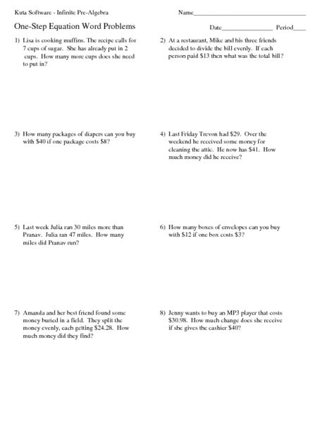 One Step Equation Word Problems Worksheet