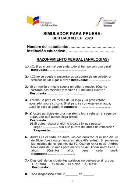 EJERCICIOS DE RAZONAMIENTO UN SIMULADOR DE PRUEBA SER BACHILLER Maly