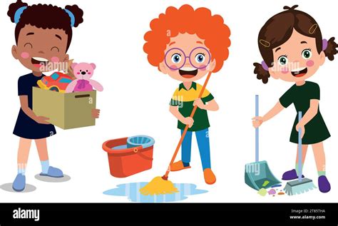 Vector Cartoon Kids Cleaning At Home Set Children In Various Cleaning