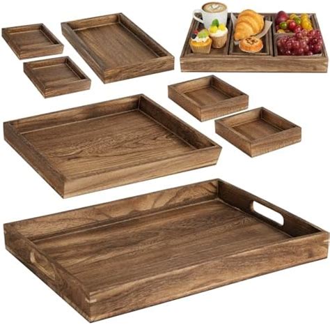 Lotfancy Wooden Serving Trays 7 Piece Set Rustic Nesting Food Trays With Handles