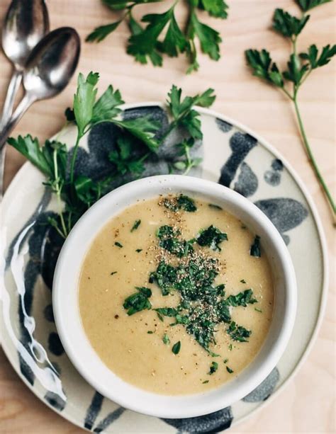 Roasted Garlic Soup With Potatoes Shallots And Fresh Herbs