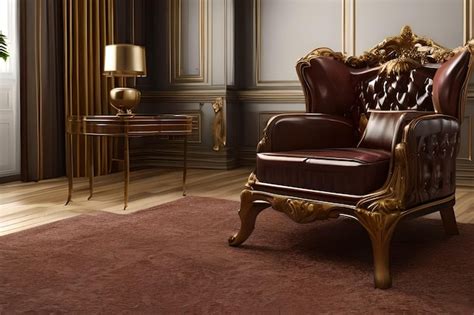 Premium Photo | A red velvet chair sits in a living room with a gold lamp on the table.