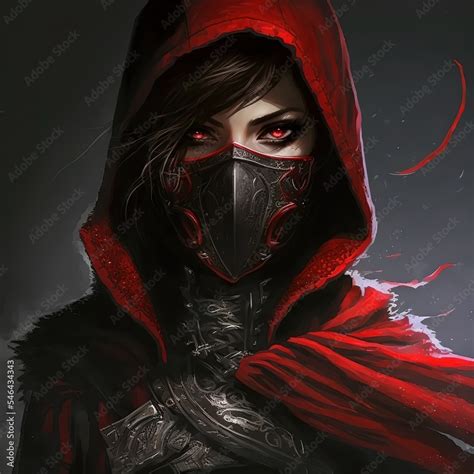 Female Mage Assassin Wearing A Black Mask And A Red Hood Stock Illustration Adobe Stock