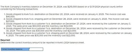 Solved The Kwik Company S Inventory Balance On December Chegg