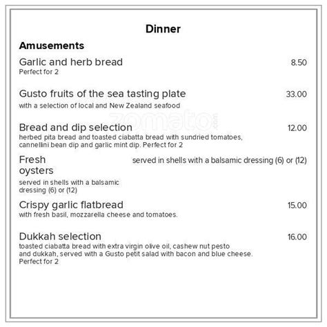 Menu at Gusto Restaurant, Cafe & Bar, New Plymouth