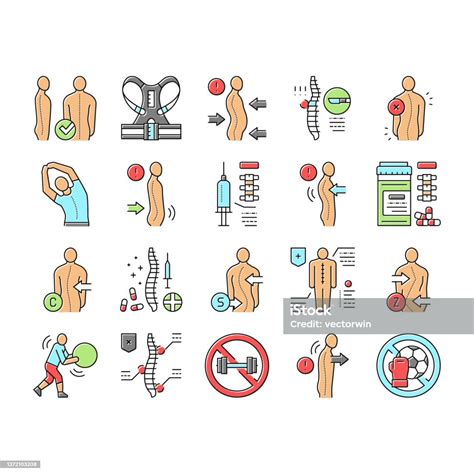 Scoliosis Disease Collection Icons Set Vector Stock Illustration