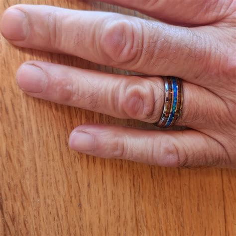 Tungsten Carbide Ring With Blue Opal And Hawaiian Koa Wood Inlay