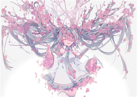 Blue Hair Cherry Blossoms Dress Flowers Hatsune Miku Long Hair Petals