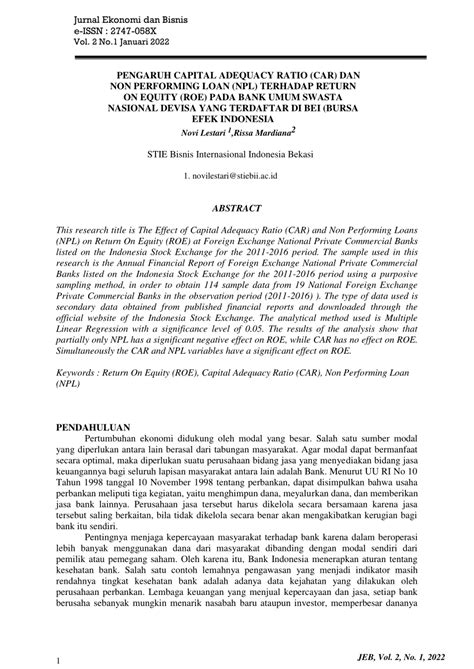 PDF Pengaruh Capital Adequacy Ratio CAR Dan Non Performing Loan