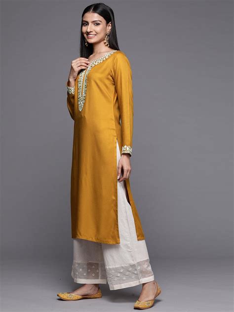 Buy Mustard Embroidered Pashmina Wool Straight Kurta Online At Rs 719