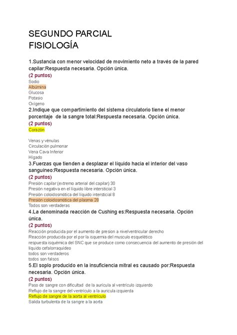 Fisio I Do Parcial Banco De Preguntas Segundo Parcial Fisiolog A