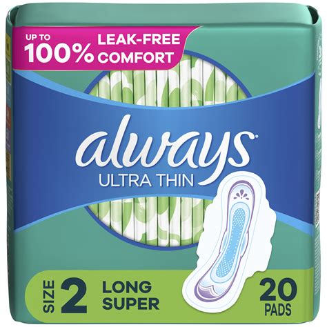 Always Ultra Thin Pads With Wings Size 2 Long Super Absorbency 20 Ct