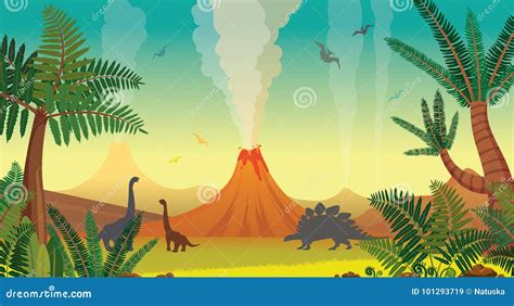 Paisagem Pré Histórica Da Natureza Vulcões Dinossauros Samambaia Ilustração Do Vetor