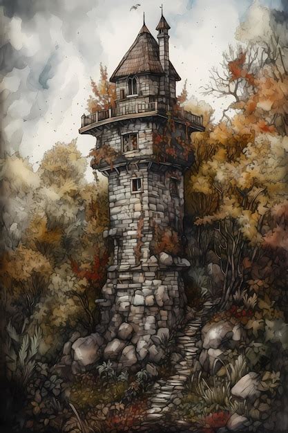 Una Pintura De Una Torre De Piedra En El Bosque Con Un Cielo Nublado Al