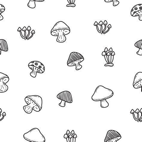 Mushroom Doodle Seamless Pattern With Black And White Color Set Of