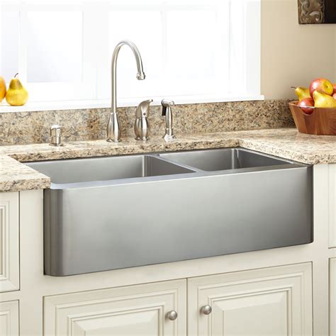 Fournier Offset Double Bowl Stainless Steel Farmhouse Sink