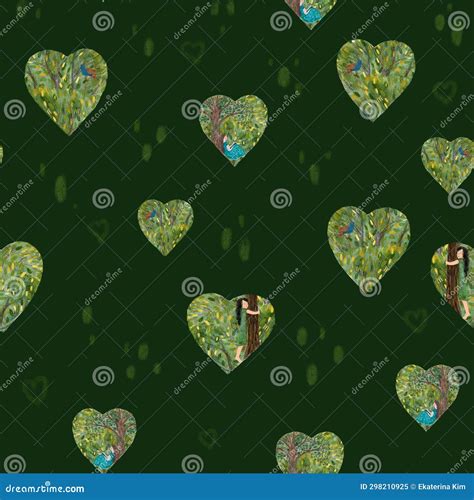 Hand Painted Watercolor Heart Pattern On Green Stock Illustration