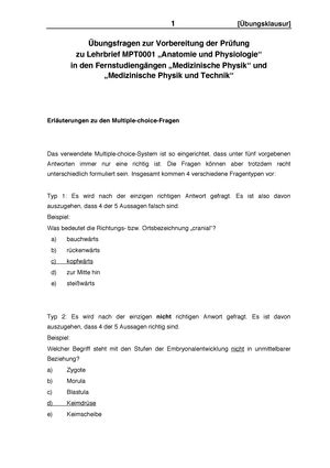 Bungsklausur Anatomie Physiologie Ss Bungsfragen Zur