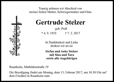 Traueranzeigen Von Gertrude Stelzer Vrm Trauer De