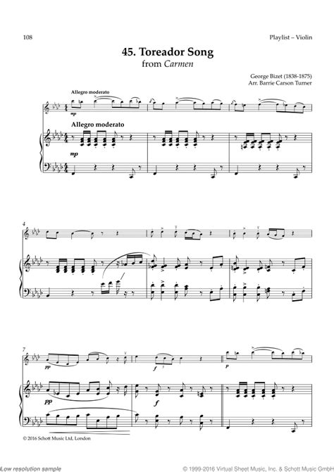 Bizet Toreador Song From Carmen Sheet Music For Violin And Piano