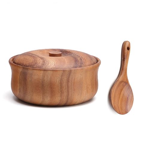 ROWGEE Wooden Salad Bowl With Lid And Spoon,Acacia Wood Bowl For Fruits ...