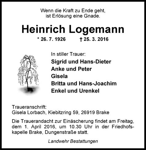 Traueranzeigen Von Heinrich Logemann Nordwest Trauer De