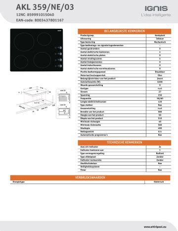 Ignis Akl Ne Hob Product Data Sheet Manualzz