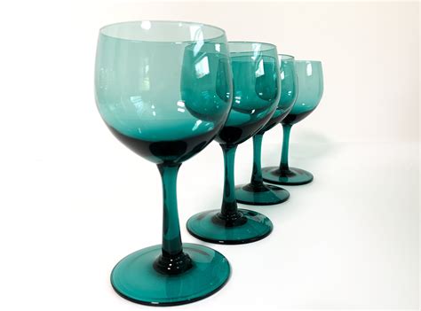 Vintage Aqua Green Wine Glasses Set Of 4 Teal Green Hand Blown Wine Glasses Retro Set Of