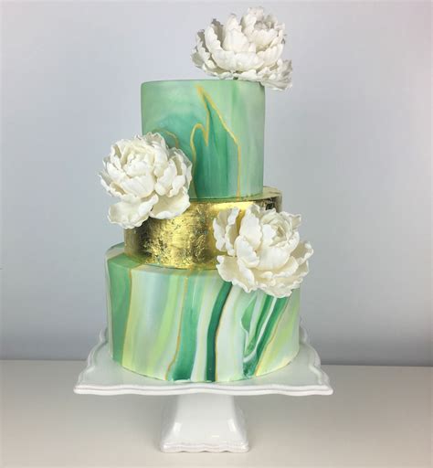 Marbled Green And White Fondant Wedding Cake With Gold Leaf And Sugar